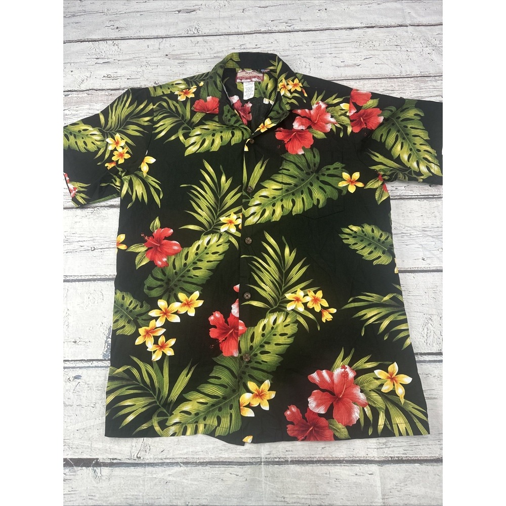 RJC  Men's  Short Sleeve Black Hawaiian Flower Shirt L Made in the USA